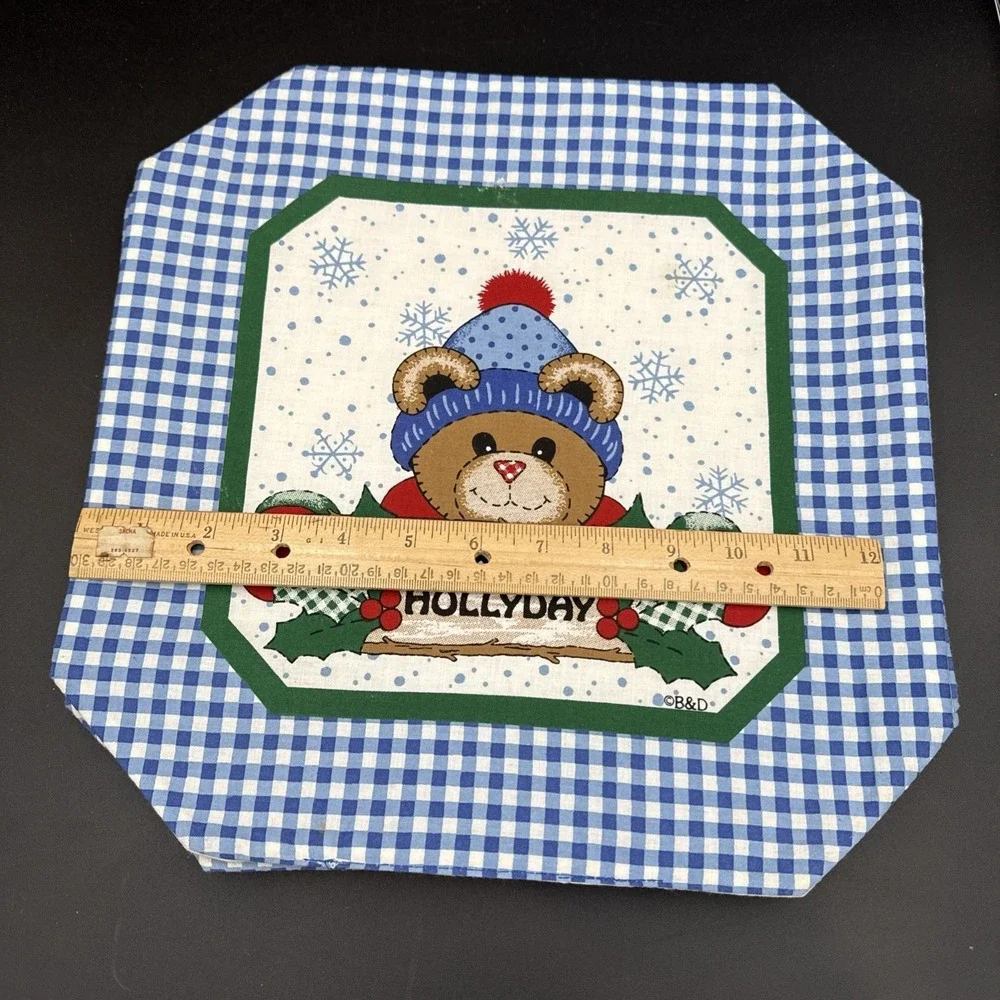 Vintage Quilted Placemats (4) Bear Blue Border B&D Cottage Core Christmas